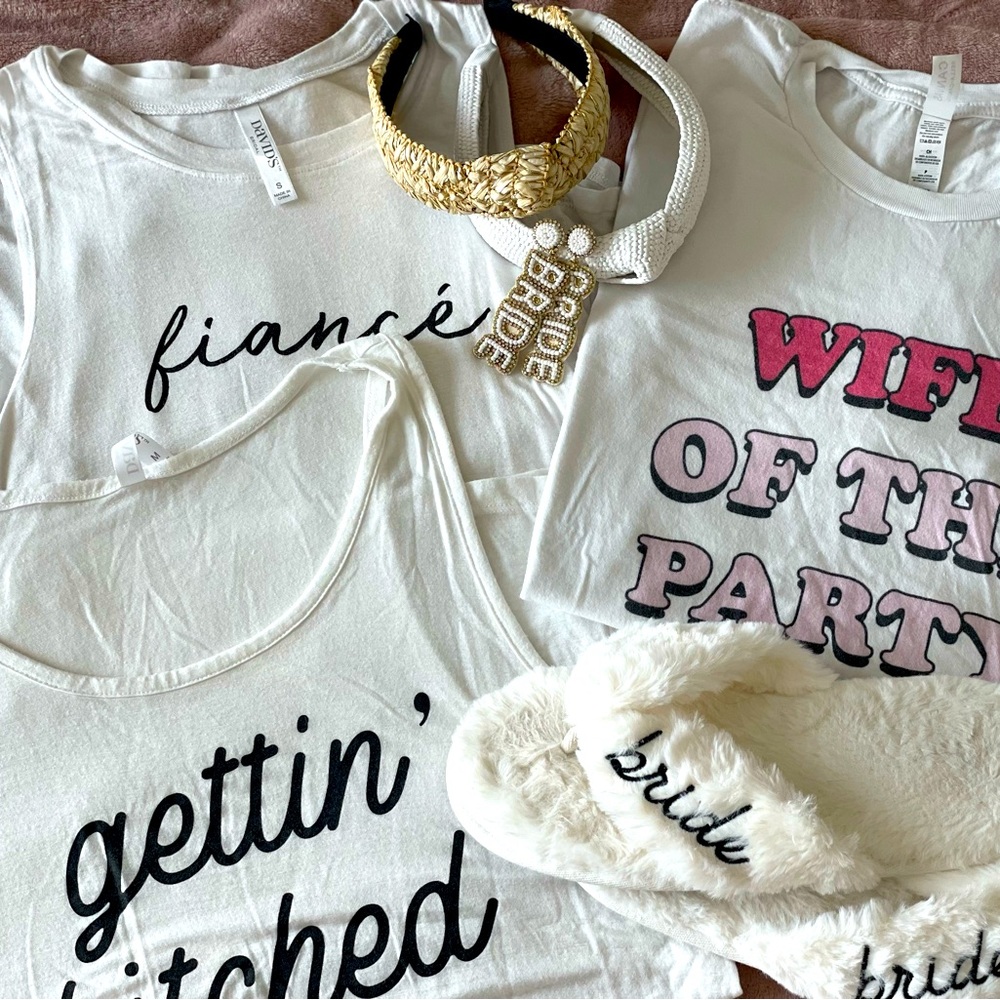 Bride wedding bundle- 3 shirts, earrings, slippers, headbands
